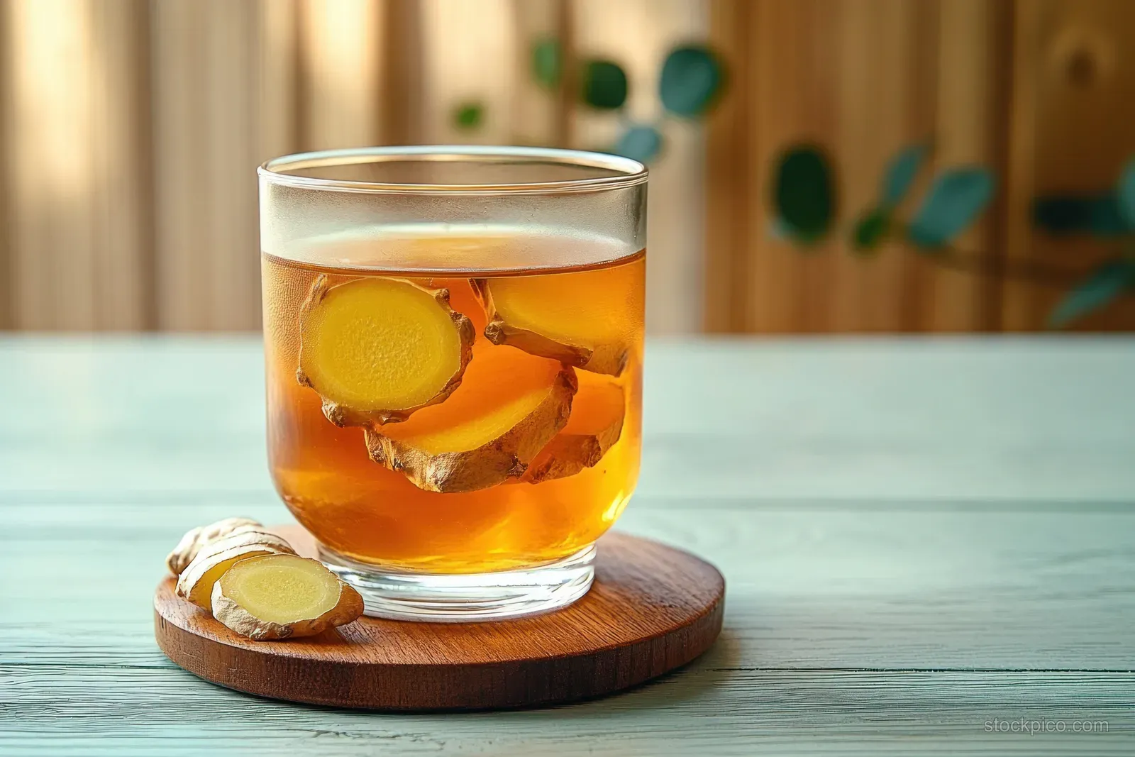 Clear glass of ginger tea with floating and sliced ginger on a wooden coaster atop a blue table.