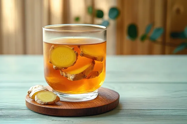 Clear glass of ginger tea with floating and sliced ginger on a wooden coaster atop a blue table.