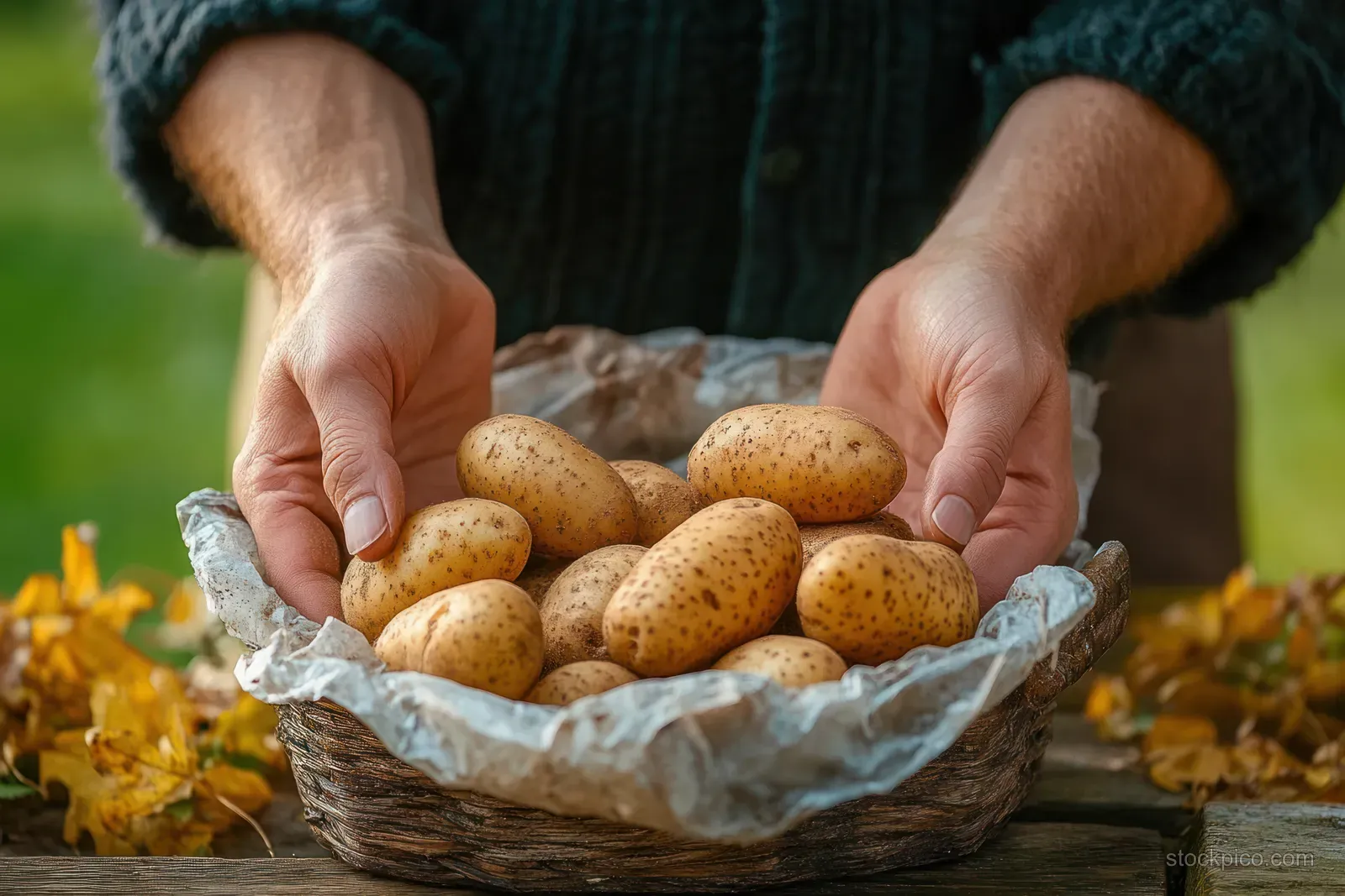 Two hands hold a basket of fresh potatoes wrapped in paper outdoors with autumn leaves behind them.
