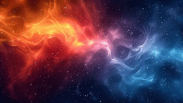 A fiery orange and blue galaxy gradient shows glowing wave trails and scattered stars in a smoky abstract space background.