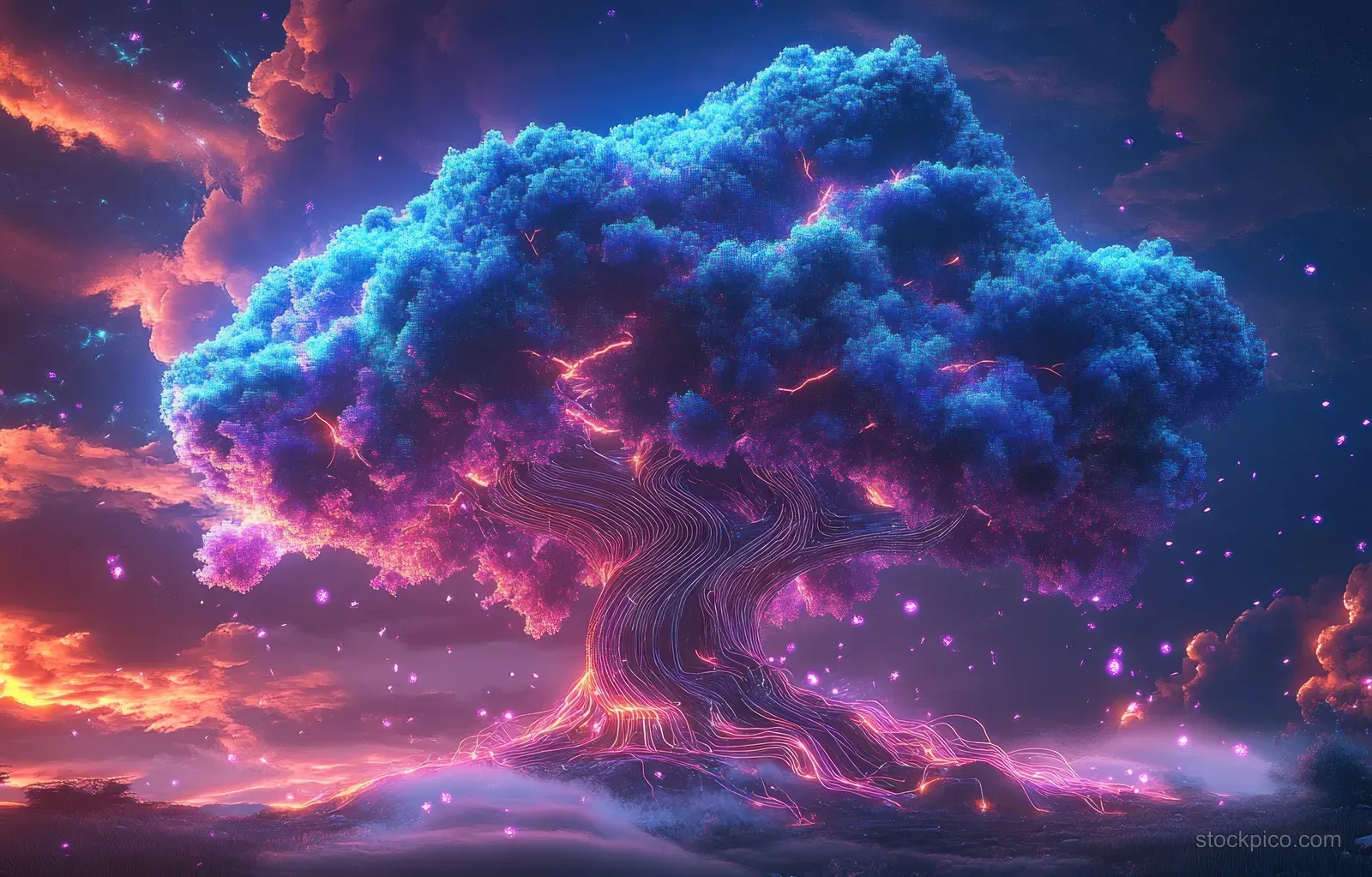 A glowing fantasy tree with blue foliage and orange fiery veins stands under a dramatic sunset sky with floating light particles.