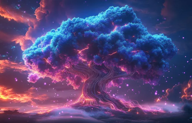 A glowing fantasy tree with blue foliage and orange fiery veins stands under a dramatic sunset sky with floating light particles.