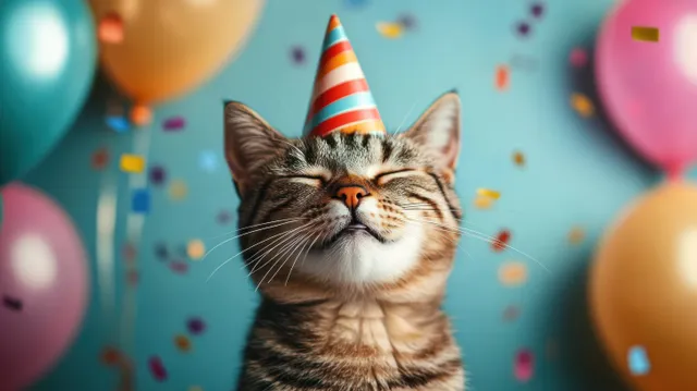 A tabby cat in a striped party hat sits among balloons while confetti falls on a blue background.