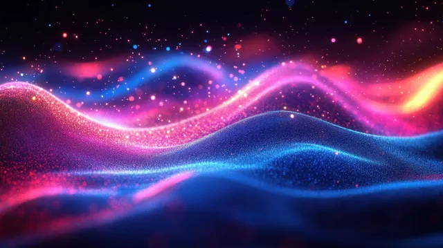 Abstract neon waves in blue and pink swirl toward a glowing vortex tunnel with small particles against a dark cosmic background.