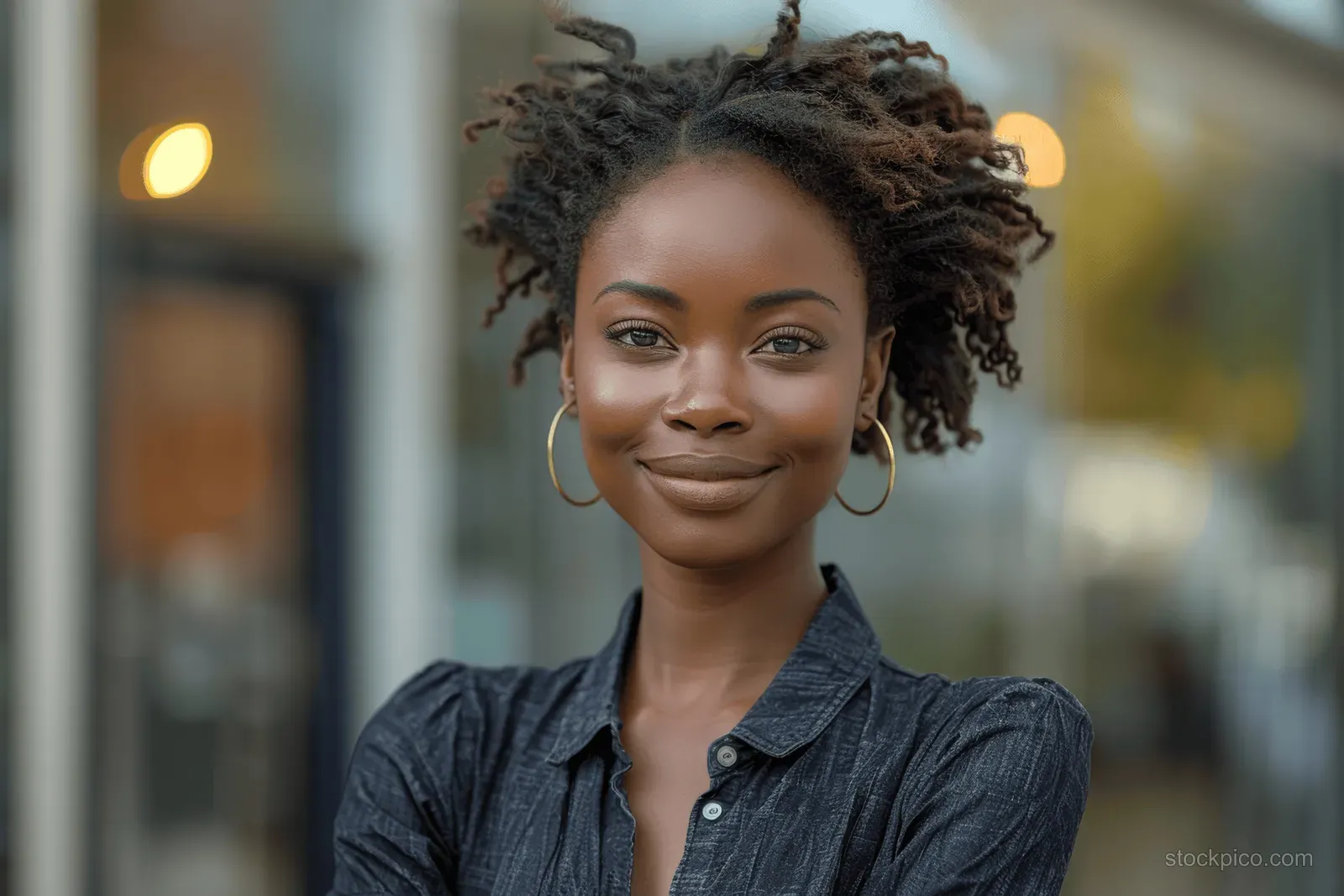 An African American businesswoman smiles with arms crossed in front of an office building entrance.