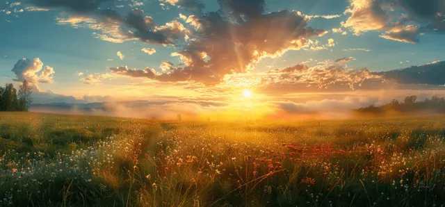 Sunrise over a summer meadow with tall grass, wildflowers, and golden sun rays through clouds