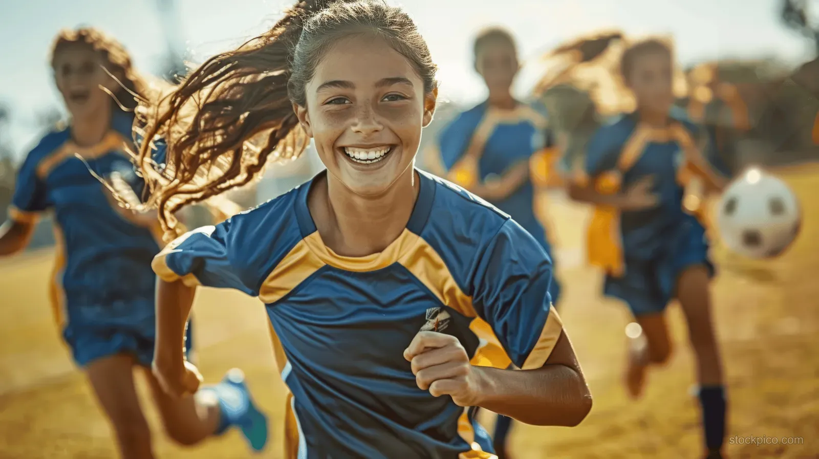 Teenage girls in green-and-blue soccer uniforms run on an outdoor field during a sunny match.