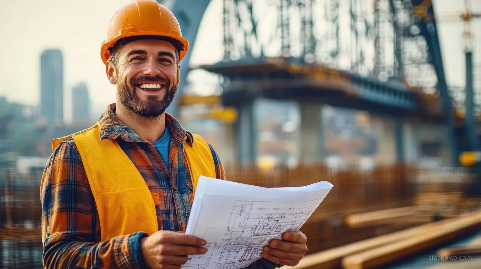 A smiling construction worker in a hard hat holds blueprints beside a steel bridge construction site.