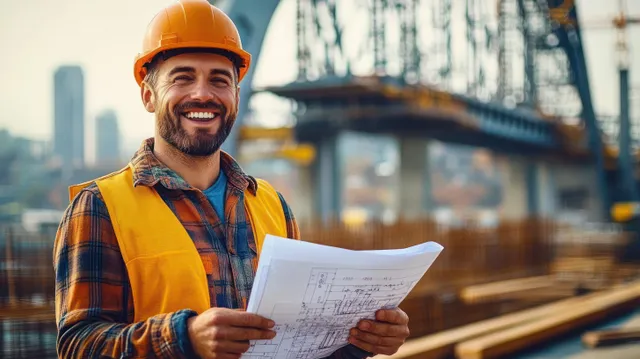 A smiling construction worker in a hard hat holds blueprints beside a steel bridge construction site.