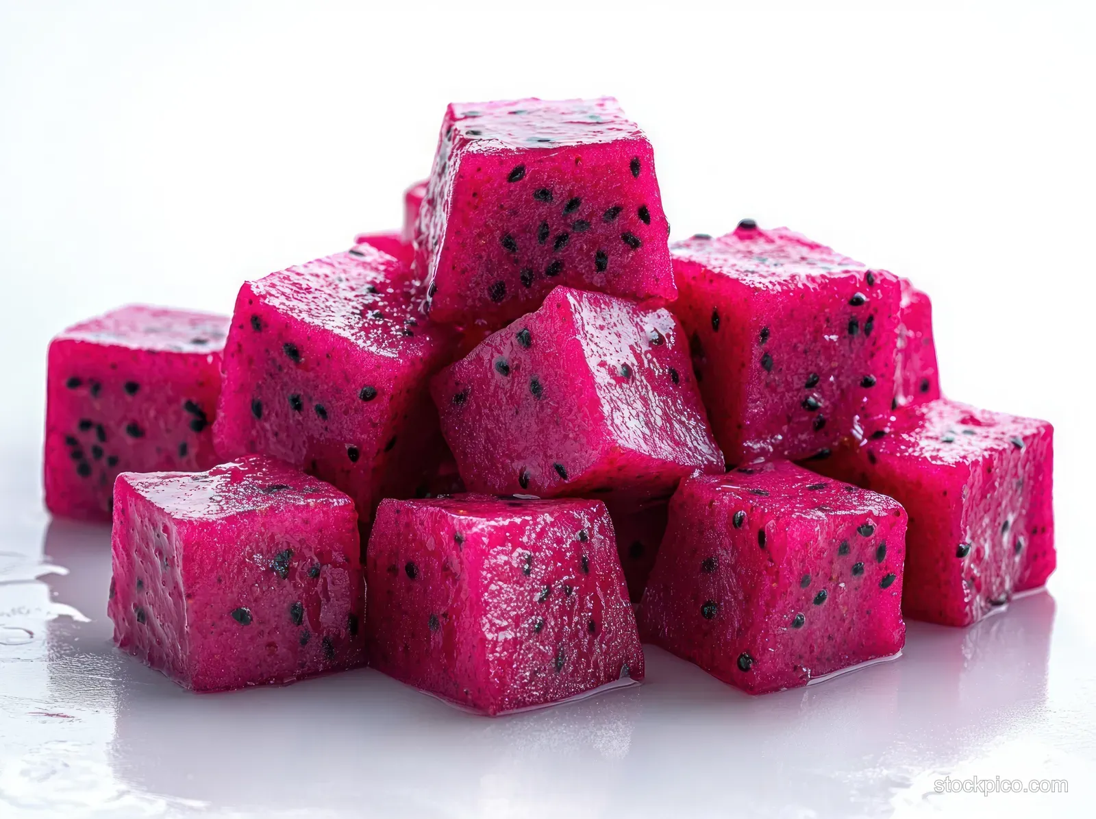 A pile of pink dragon fruit cubes on a white surface with visible black seeds and moist texture.