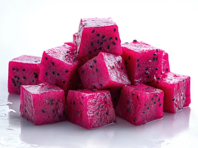 A pile of pink dragon fruit cubes on a white surface with visible black seeds and moist texture.