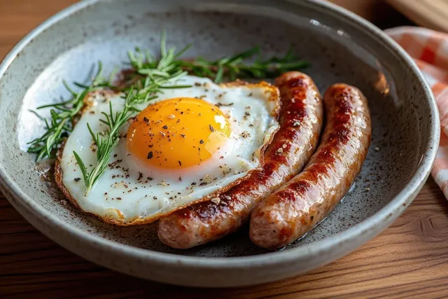 Fried egg with black pepper and two grilled sausages with rosemary on a ceramic plate atop a wooden table.