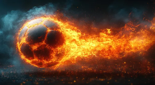 Burning football spinning through mid-air flames against smoky dark backdrop