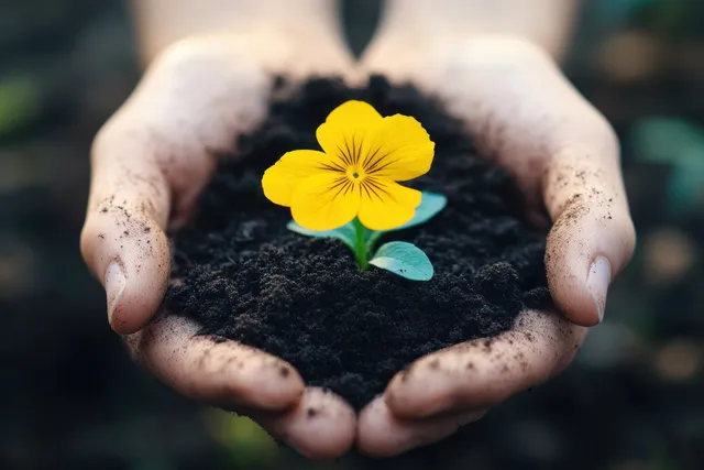 Hands cradle dark fertile soil with a bright yellow sprouting flower seedling