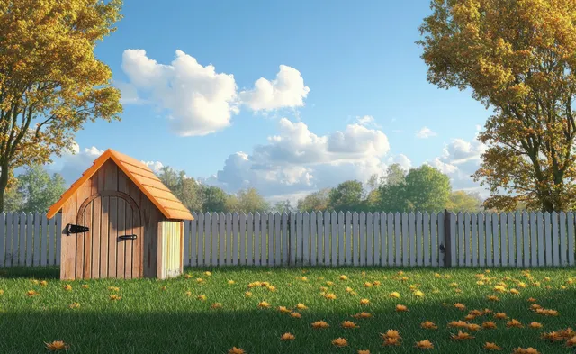 A wooden dog house sits in a green garden beside a white picket fence under a clear blue sky.
