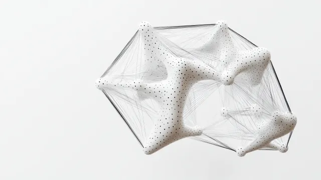 Floating abstract white mesh sculpture connected by fine black threads with small dotted nodes on a clean white background.