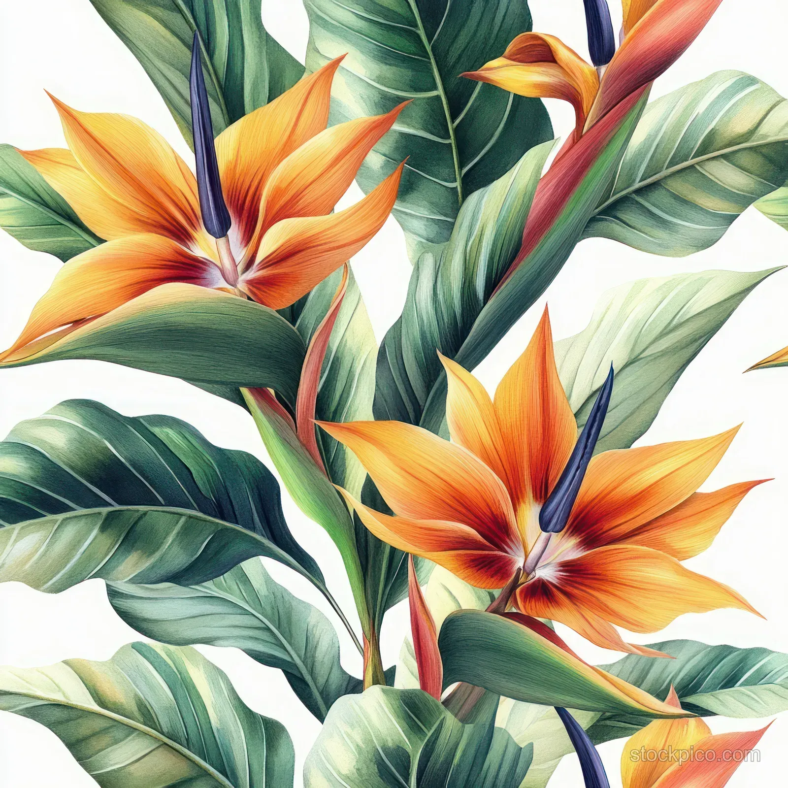 Orange bird-of-paradise flowers and layered green tropical leaves arranged in a seamless repeating pattern.