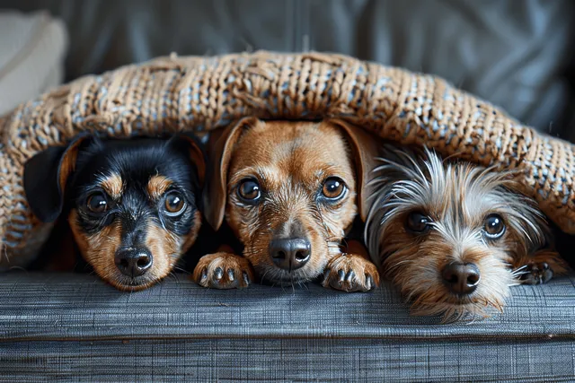 Three small dogs crouch under a sofa with wide eyes during a thunderstorm and distant fireworks.