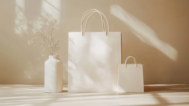 Minimalist white paper shopping bags mock-up on beige floor with soft sunlit shadows