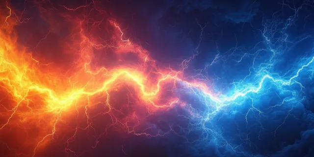 Orange and blue lightning streaks across a dark abstract background