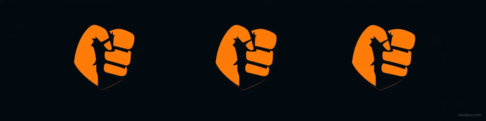 Three clenched fist shield emblems in orange and black on a dark background.