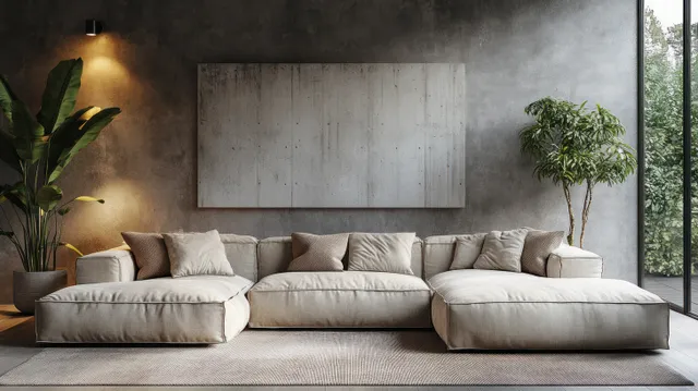 Beige sectional sofa in a bright living room under concrete wall art with plants and large window light.