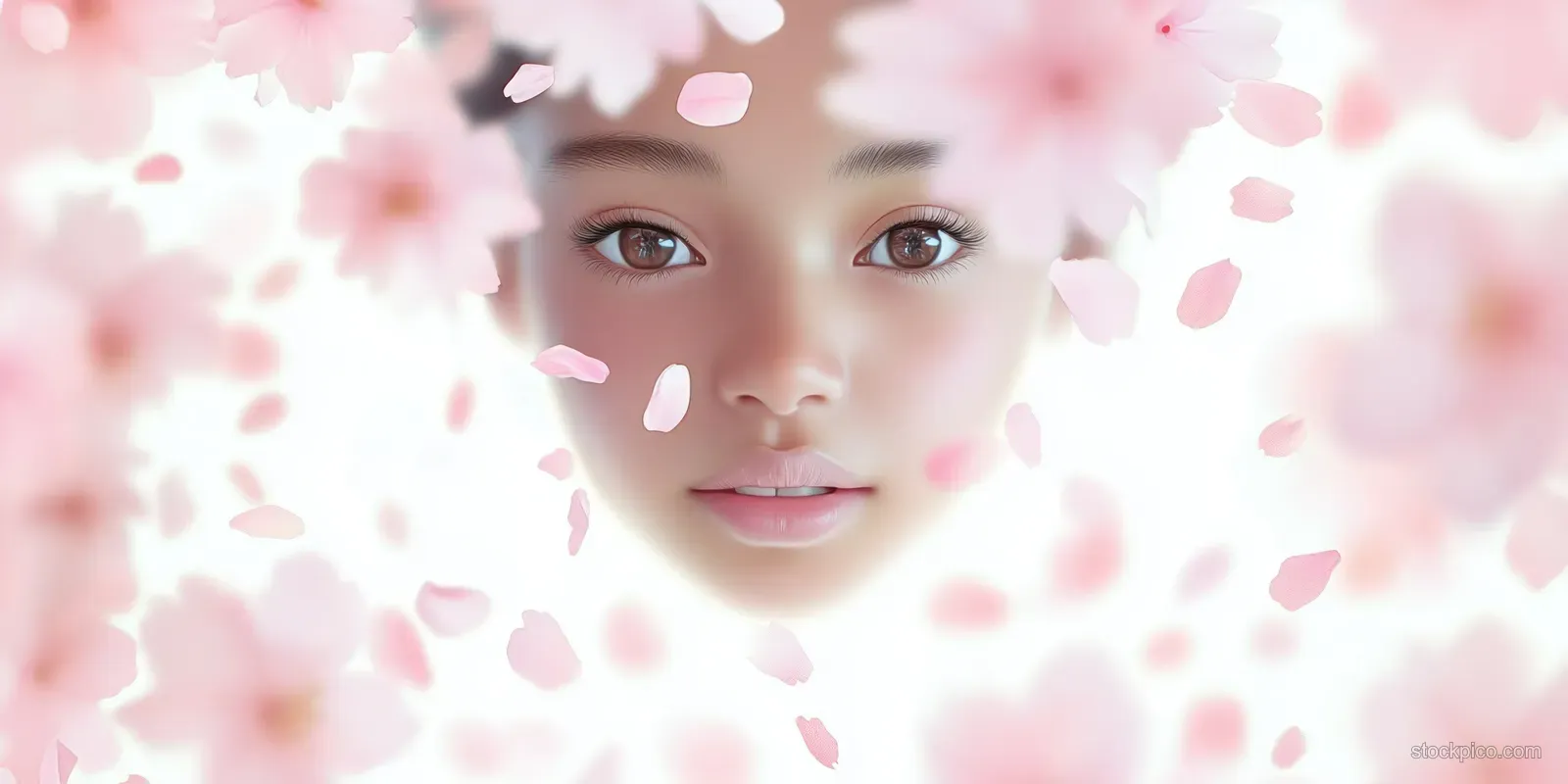 Serene young woman portrait with pink cherry blossom petals gently falling over a bright white background.