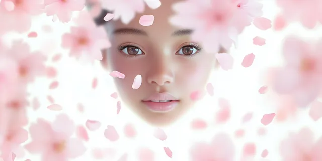 Serene young woman close-up with falling pink cherry blossom petals on bright white backdrop