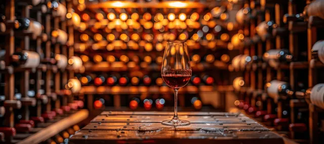 Wine glass on cellar counter with rows of aged bottles in warm wooden lighting