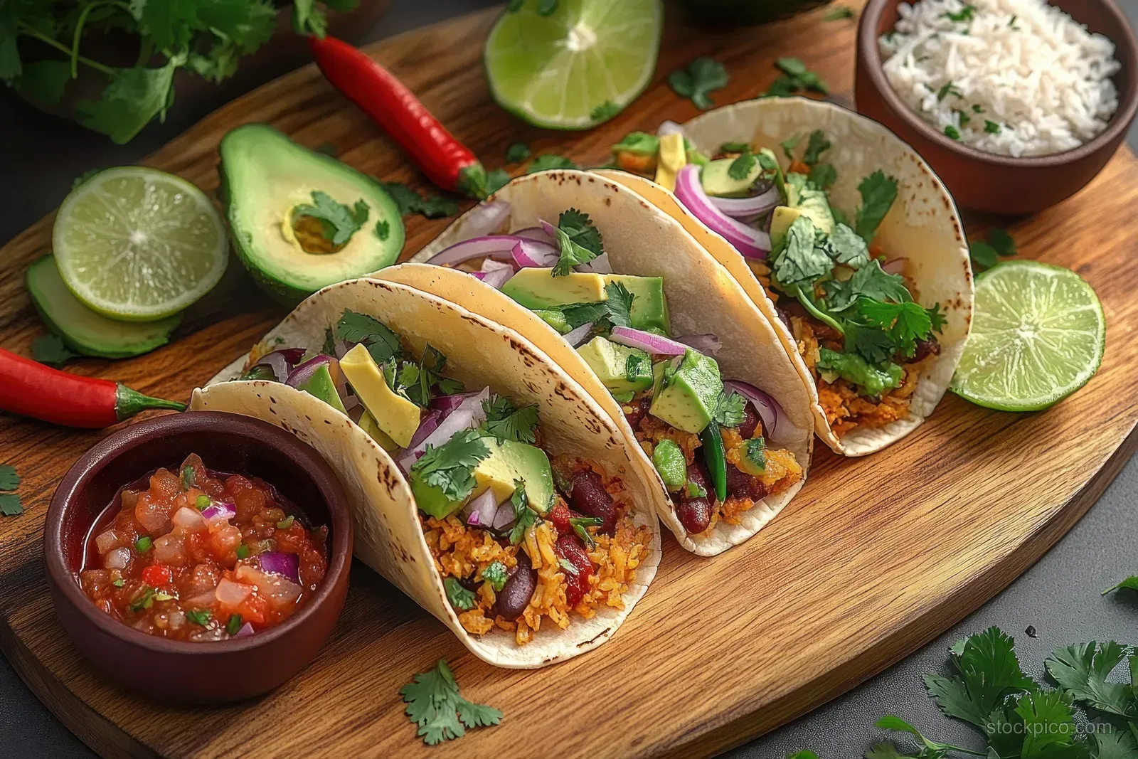 Three soft tacos with rice, beans, avocado, cilantro, and red onions on a wooden board beside lime halves and salsa.