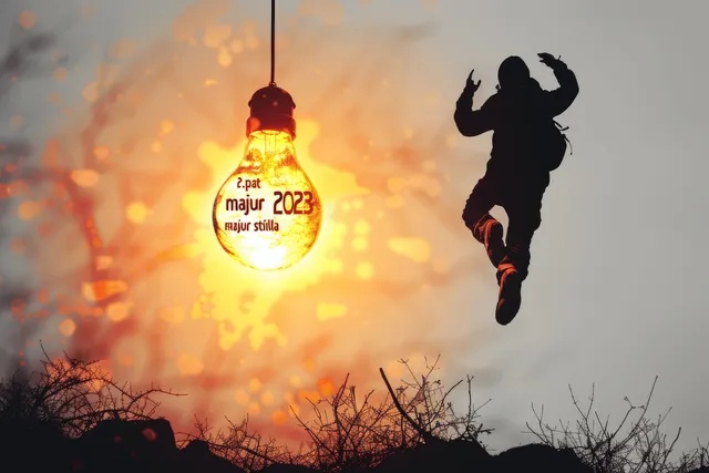 Silhouette of a businessman jumping off a cliff toward 2024, framed by a vibrant sunrise and clouds symbolizing new beginnings.