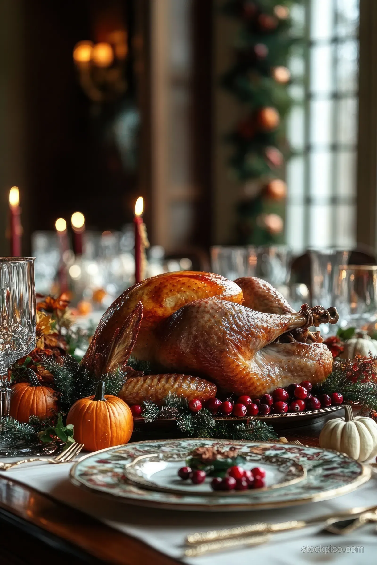 Golden roasted turkey centerpiece on a festive Thanksgiving table with pumpkins, cranberries, candles, and elegant plates.