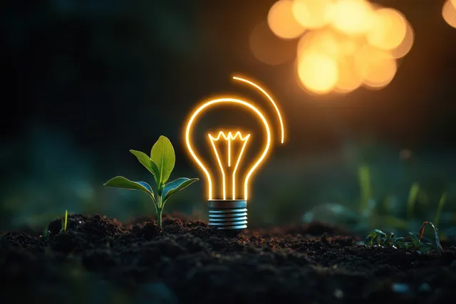 Lightbulb icon sprouting from soil with green leaves and glowing bokeh background