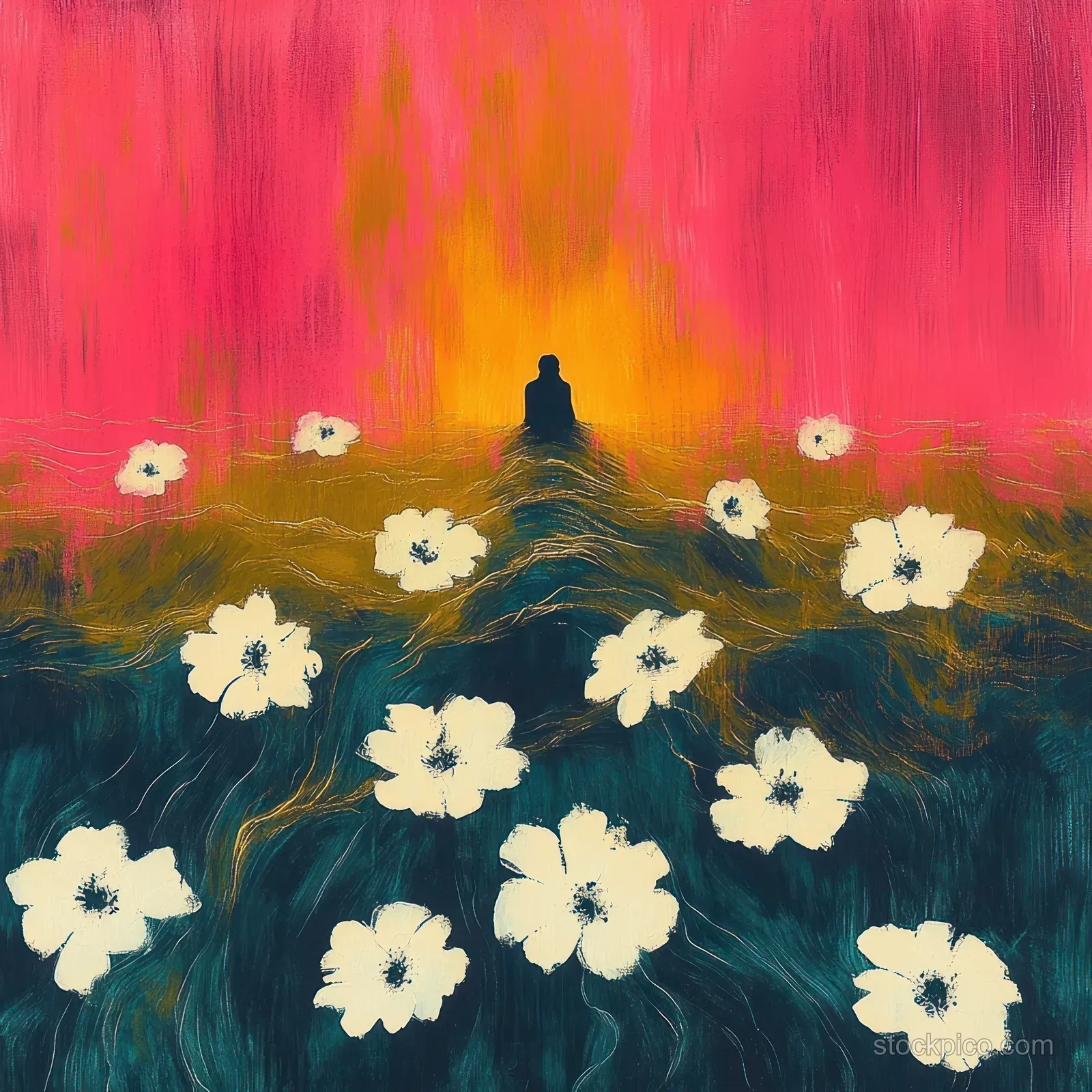 A dark silhouette sits among white flowers while an orange and pink sky lights the horizon behind.