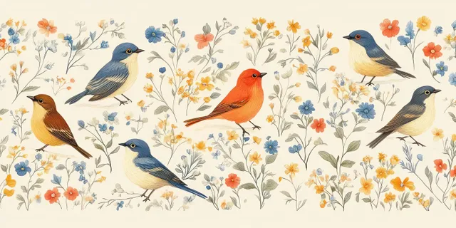 Colorful small birds perched on delicate orange, blue, and yellow flowers across a pale botanical background.