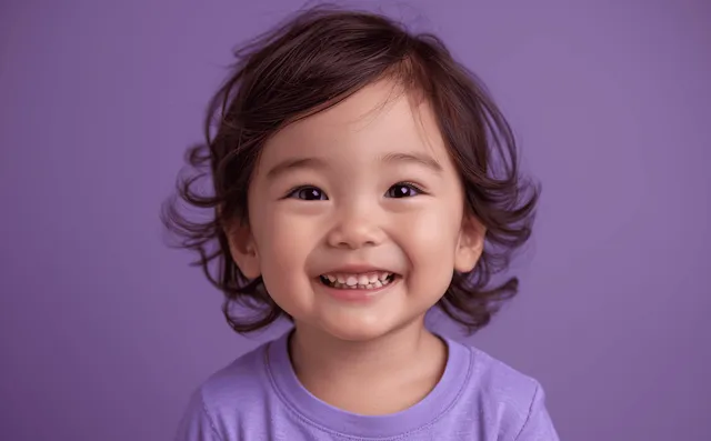 Laughing Asian toddler boy in a purple shirt, studio portrait on violet backdrop