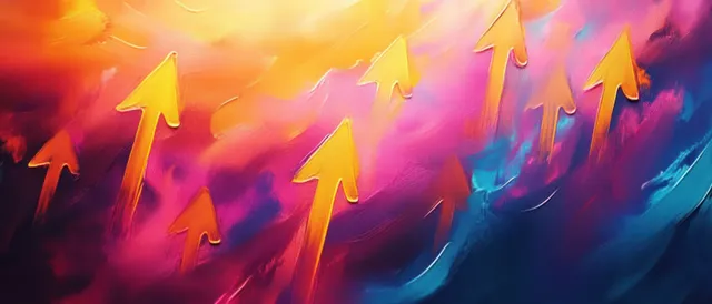 Orange upward arrows rise over a swirling abstract background of pink, purple, blue, and yellow colors.