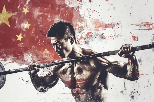 Determined Chinese weightlifter hoists a barbell in a 61 kg competition setting