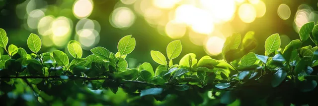Fresh green leaves on a branch catch warm sunlight with a soft blurred background glow.