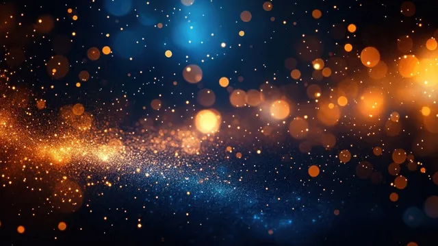 Orange and blue glowing particle orbs drift across a dark cosmic background with smoky depth and soft bokeh.
