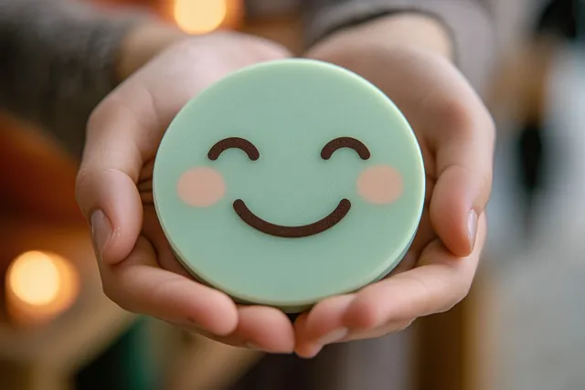 A child holds a round smiley-face coaster toward the camera with warm lights blurred behind.