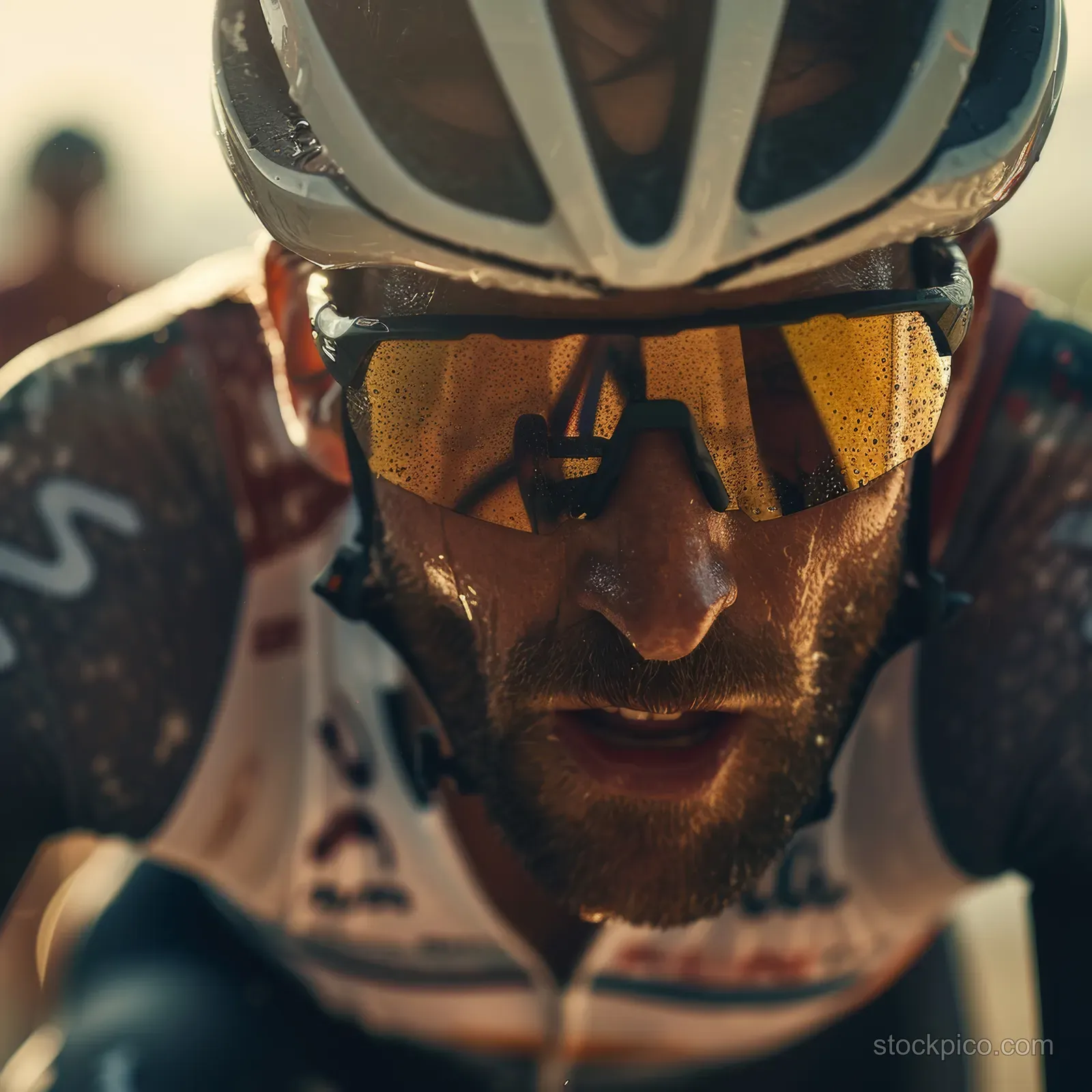 Cyclist in a race jersey gripping handlebars while climbing on a French countryside road.