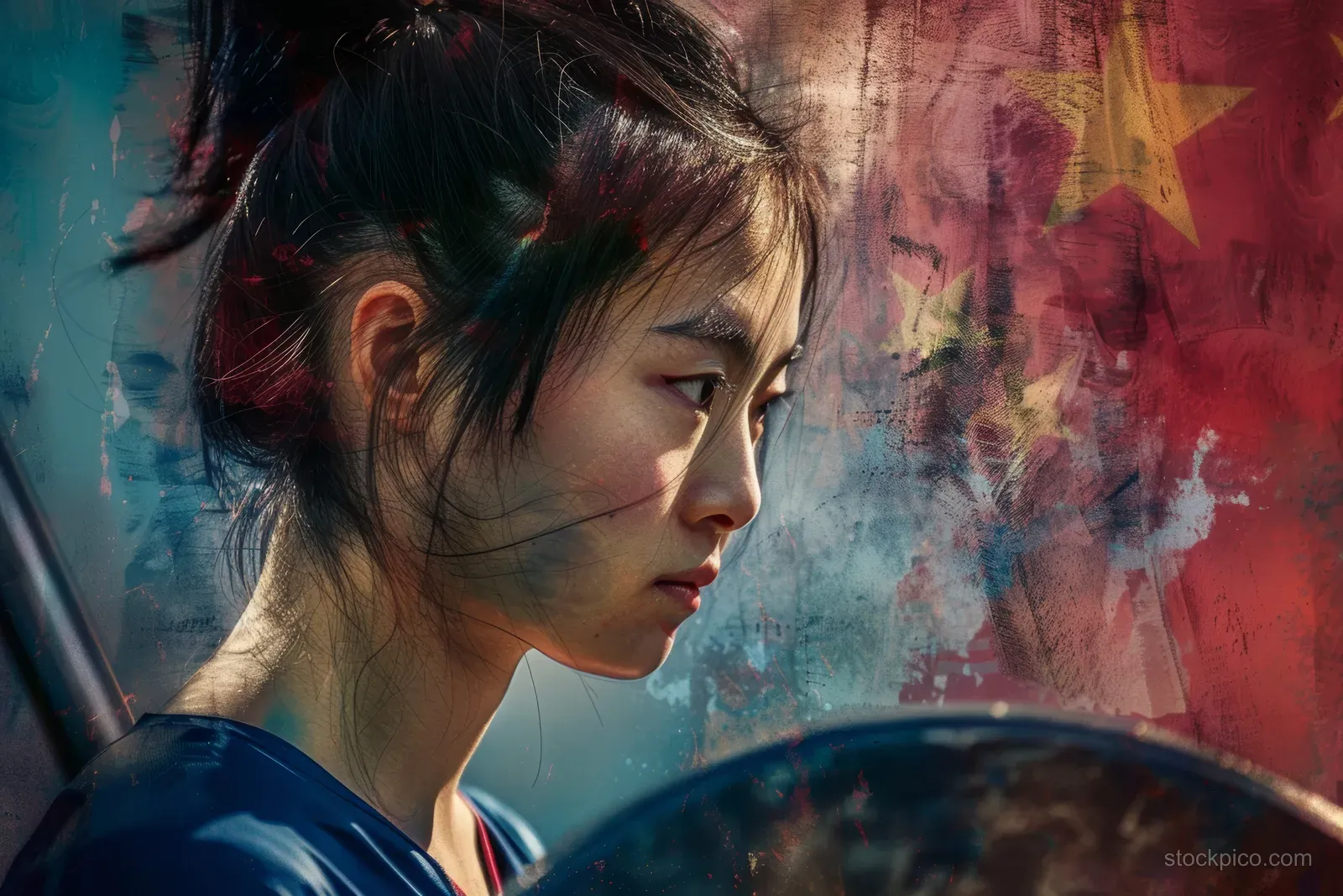 A focused Chinese weightlifter grips the barbell before attempting a 59 kg lift against a red and blue background.