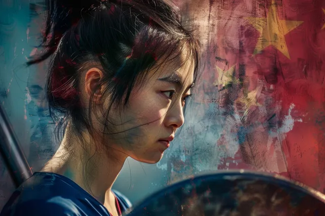 A focused Chinese weightlifter grips the barbell before attempting a 59 kg lift against a red and blue background.