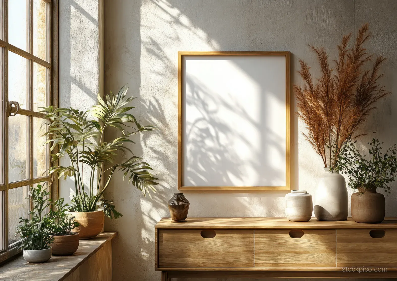 Wooden dresser in a sunlit room with gold-framed wall art, ceramic vases, and a modern table lamp.