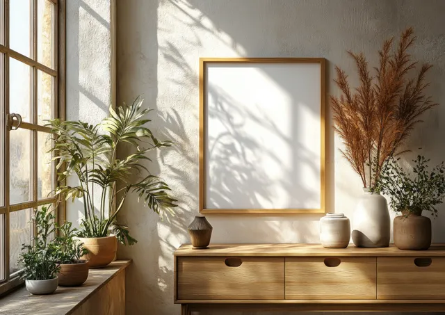 Wooden dresser in a sunlit room with gold-framed wall art, ceramic vases, and a modern table lamp.