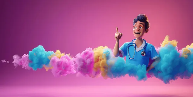 3D cartoon doctor in blue uniform pointing with stethoscope against pastel smoke
