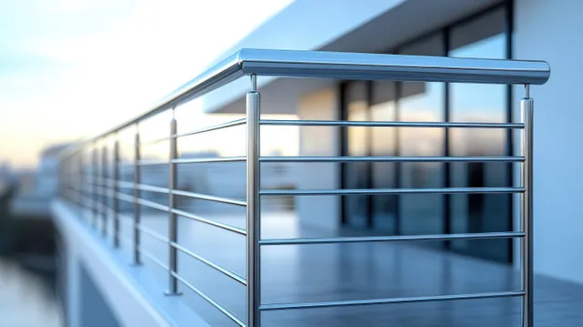 Silver metal guard rail lines the roadside next to a highway barrier with a blurred background.