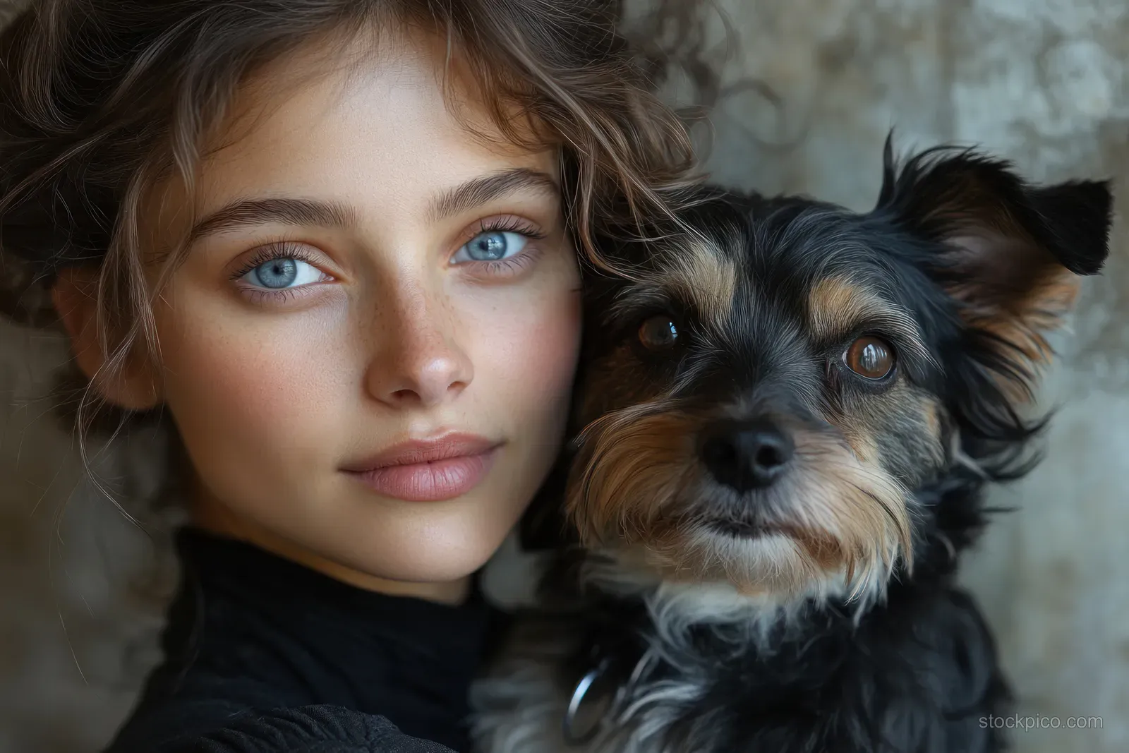 A woman with curly hair cuddles a poodle close in warm soft studio lighting against a gray backdrop.