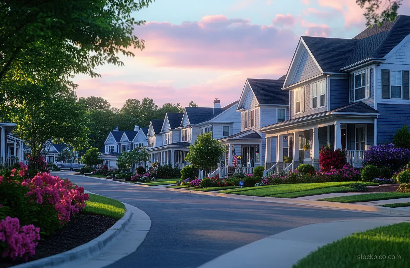 Suburban neighborhood street curves past front yards with blooming flowers under a colorful sunset sky.